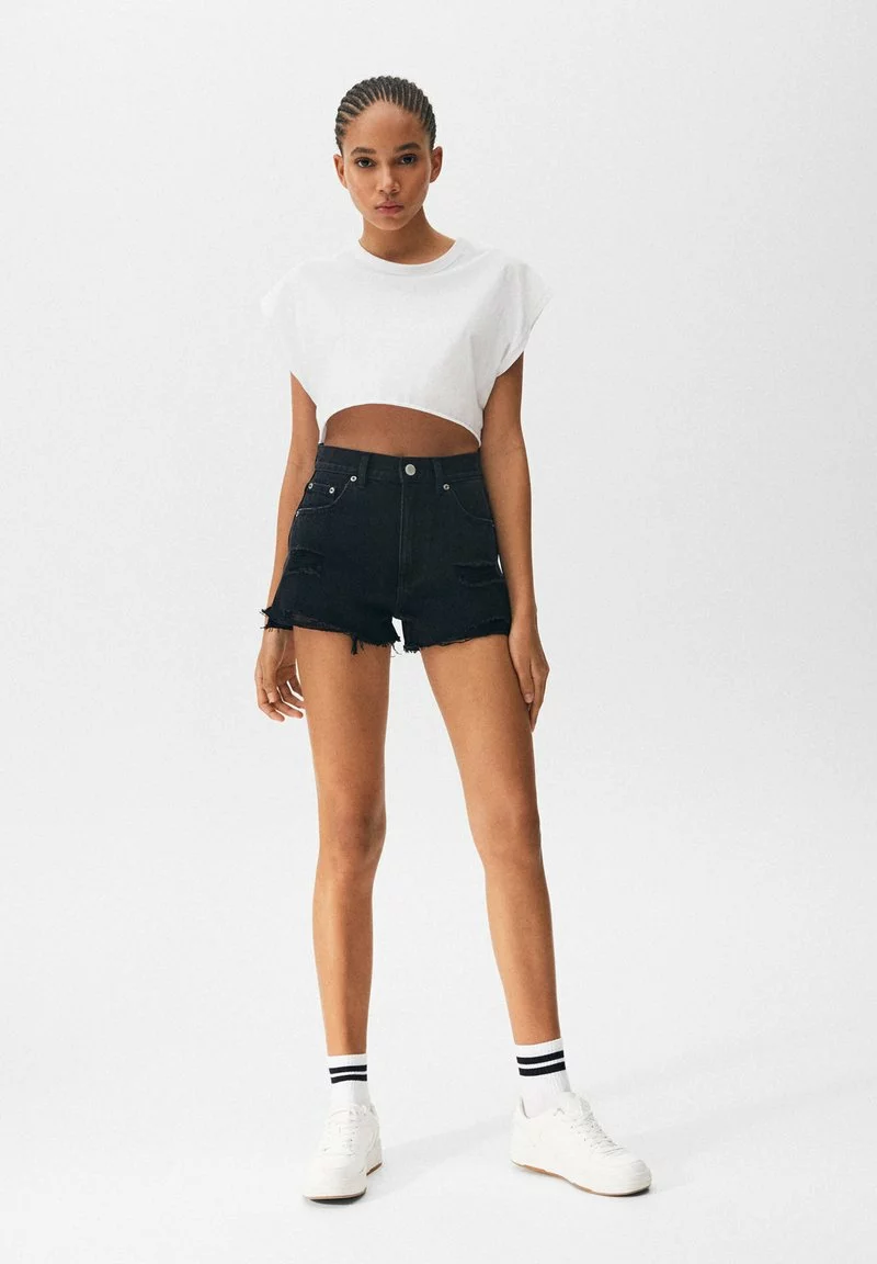 PULL & BEAR RIPPED - Jeans Shorts - Mottled Black 2 PULL & BEAR RIPPED - Jeans Shorts - Mottled Black - Image 2