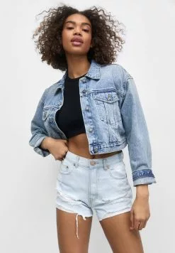 PULL & BEAR RIPPED - Jeans Shorts - Stone Blue Denim
