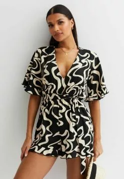 New Look V NECK SHORT SLEEVE TIE WAIST - Jumpsuit - Black Pattern